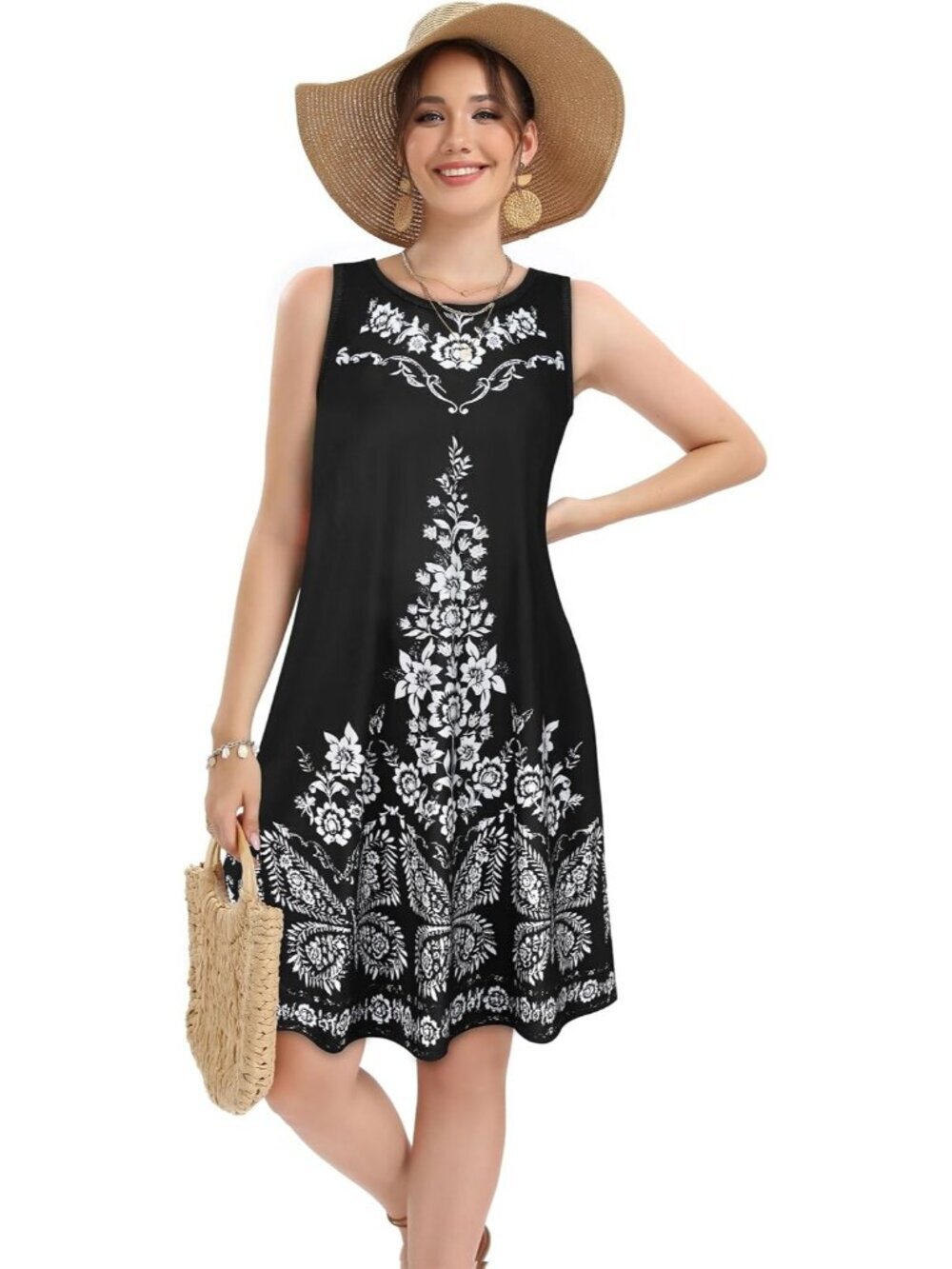 ✨Women's Black Floral Sundress Casual Sleeveless Tank Loose Pockets Summer Dress - Picture 3 of 5